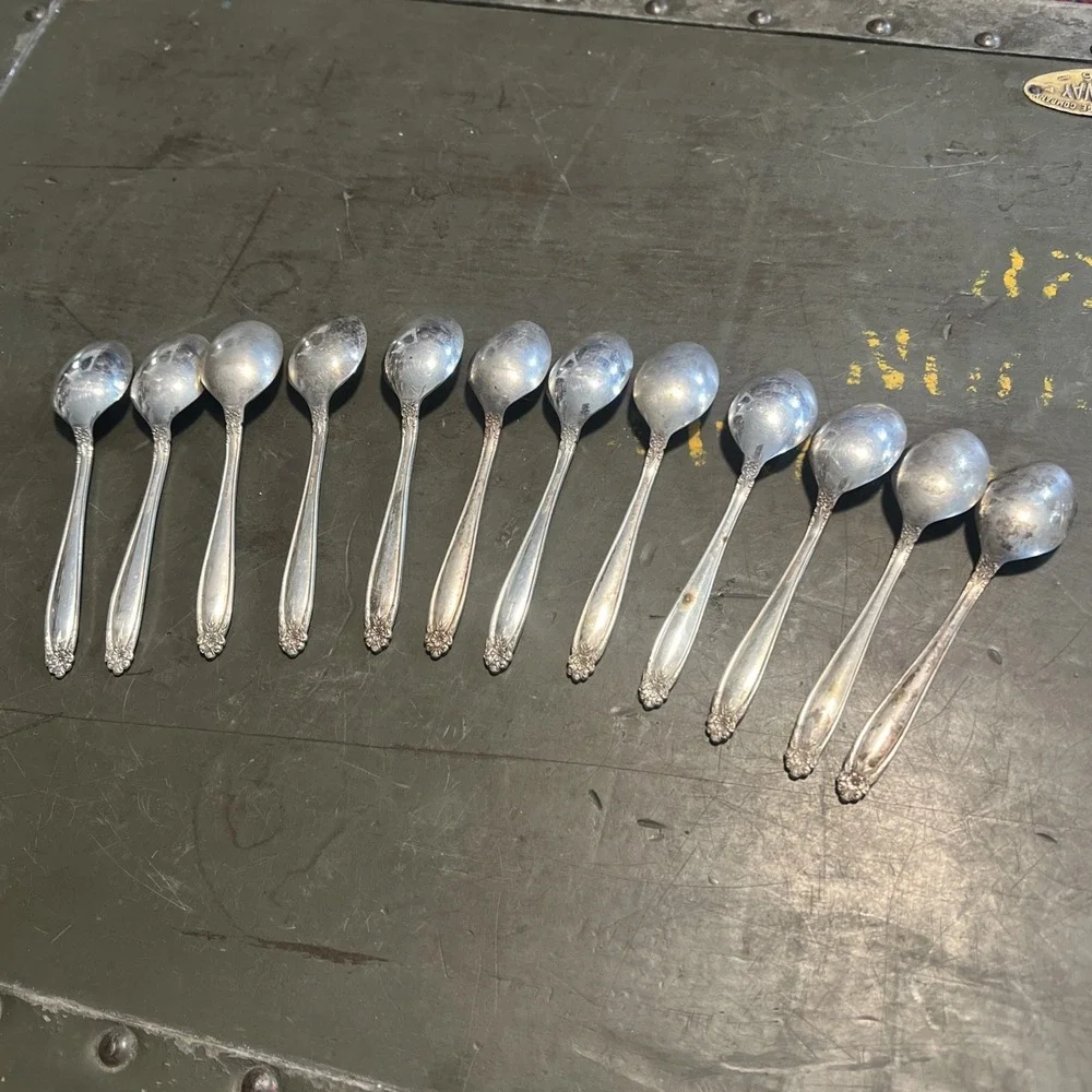 Vintage Nickel Silver Dessert Spoons – Set of 12 – Ornate Pattern